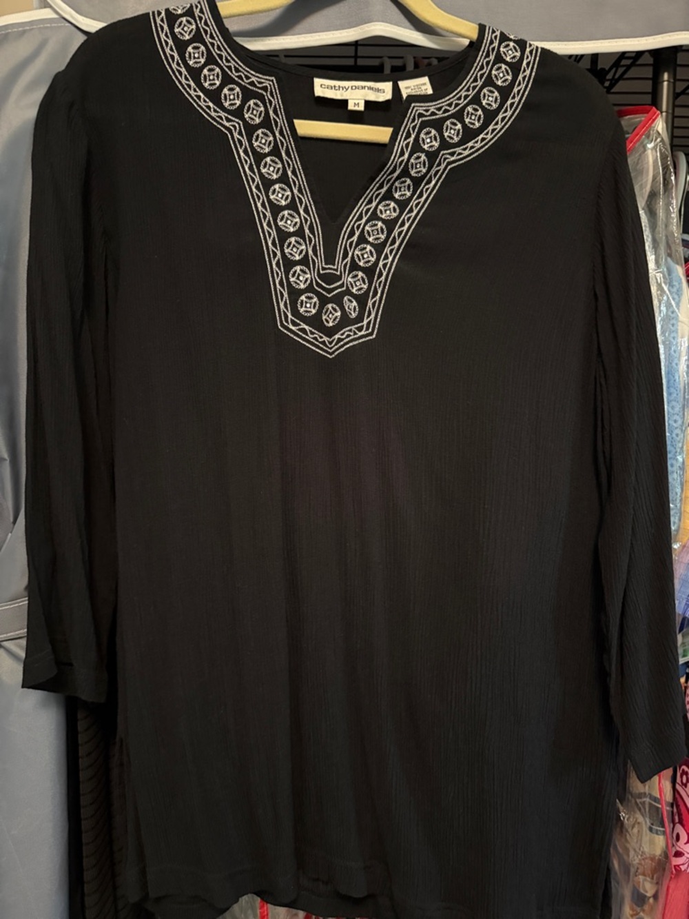 Cathy Daniels Black V-Neck Tunic with White Embroidered Trim